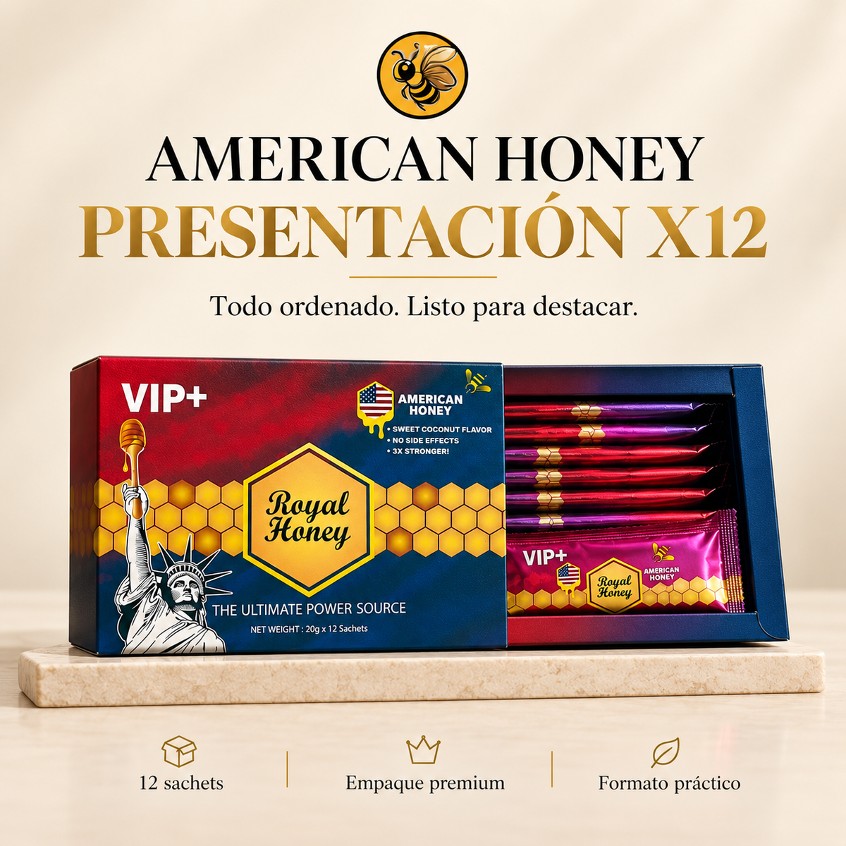 Royal Honey American Sabor Coco – 1 Caja 12 Sobres | Miel de Malasia