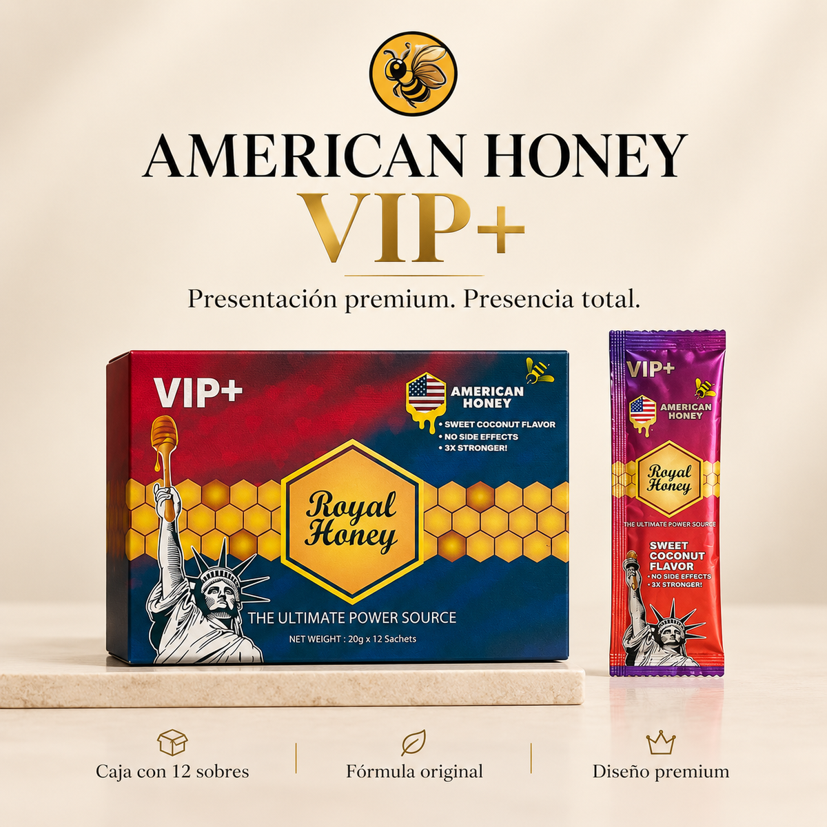 Royal Honey American Sabor Coco – 1 Caja 12 Sobres | Miel de Malasia